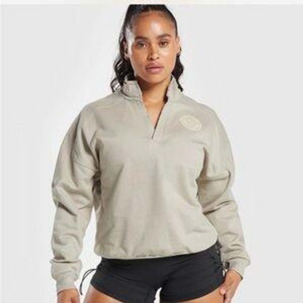 Gymshark Legacy Oversized‎ Sweatshirt V-Neck Beige Tan Womens Large Cropped Logo